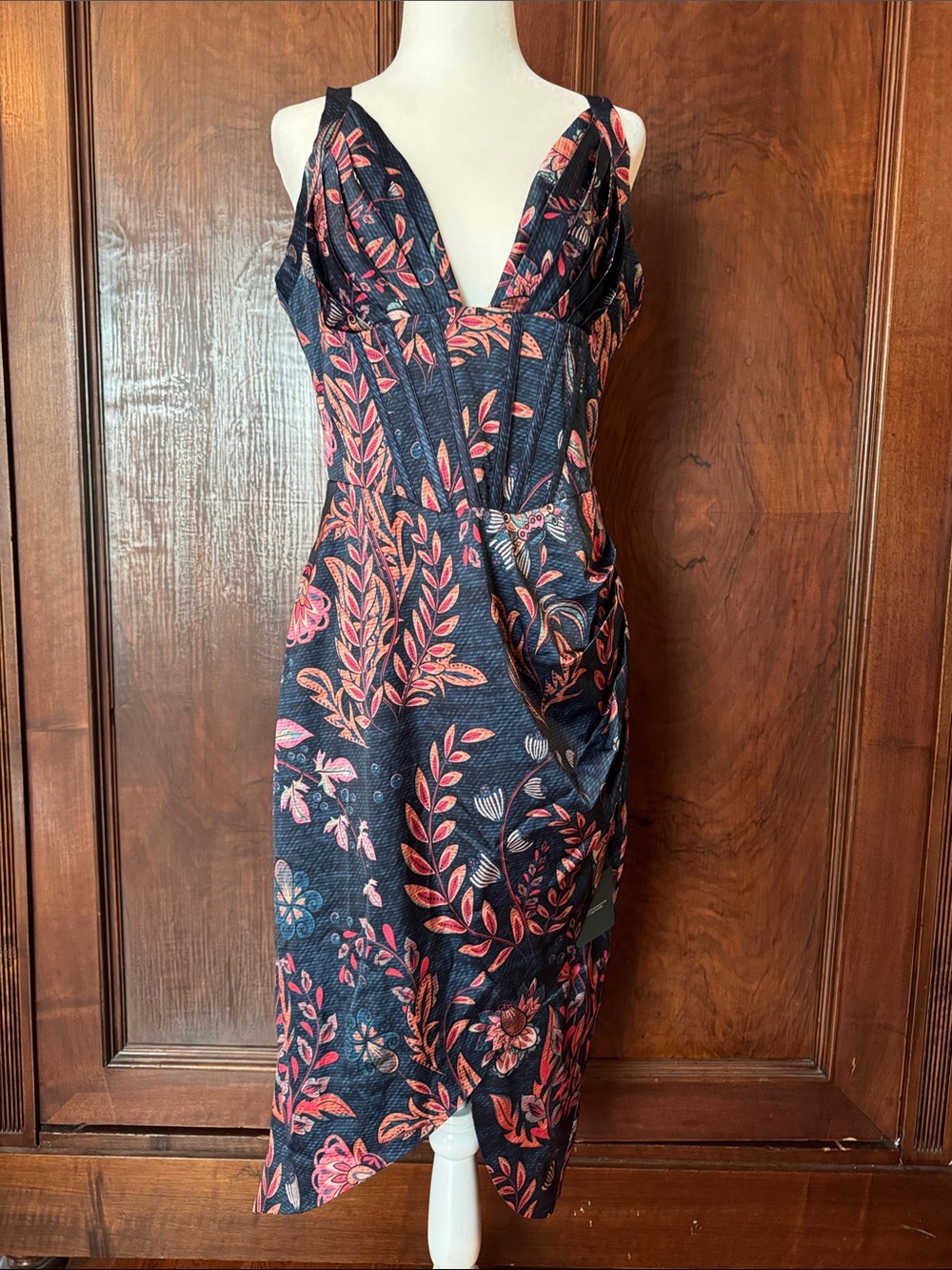 Averie Floral Wrap-Style Navy Midi Dress with Coral Print